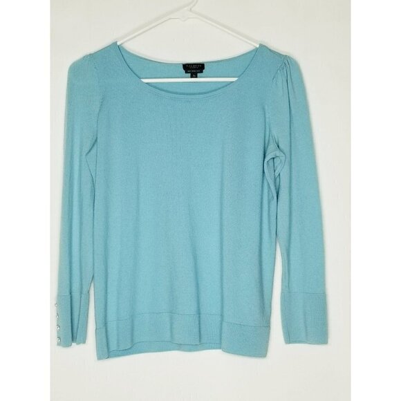 Talbots Gathered Shoulder Blue Merino‎ Wool Sweater Pearl Buttons at Cuffs Sz XP - Picture 1 of 16